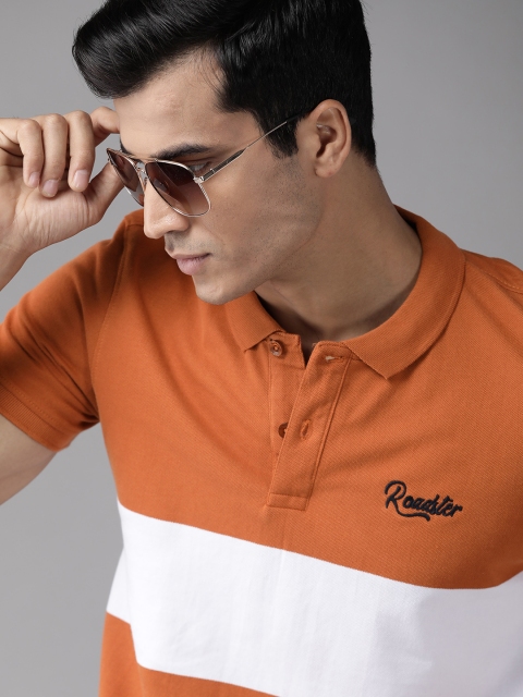 

Roadster Men Rust Orange White Striped Pure Cotton Polo Collar Pure Cotton T-shirt