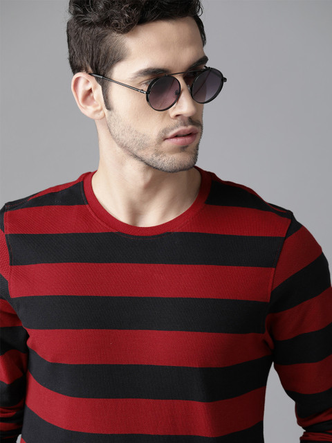 

Roadster Men Red Striped Round Neck Pure Cotton T-shirt