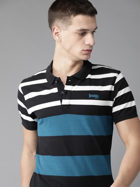 

Roadster Men Teal Blue & Black Striped Pure Cotton Polo Collar T-shirt