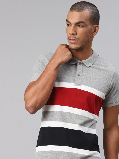 

Roadster Men Grey Melange & Red Striped Polo Collar T-shirt