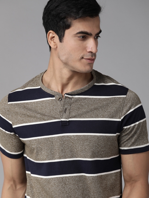

Roadster Men Olive Green & Navy Blue Striped Henley Neck T-shirt