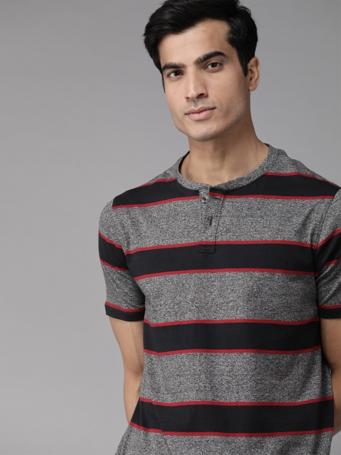 

Roadster Men Charcoal Grey & Black Striped Henley Neck T-shirt
