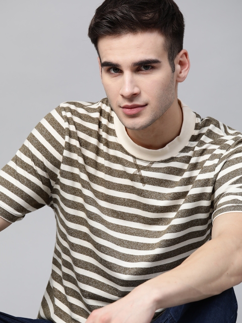 

Roadster Men Off White & Brown Melange Effect Striped T-shirt