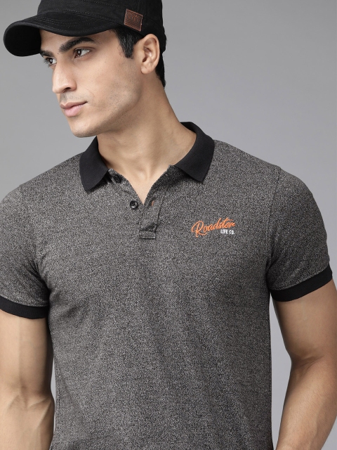 

Roadster Men Charcoal Grey Self Design Polo Collar T-shirt