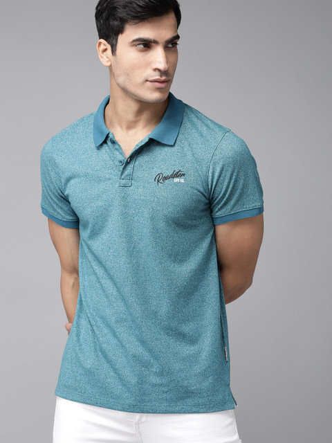 

Roadster Men Teal Blue Self Design Polo Collar T-shirt