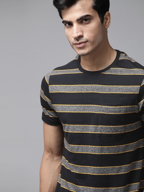 

Roadster Men Black Striped Round Neck T-shirt