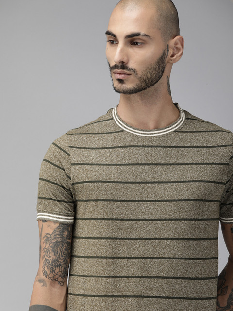 

Roadster Men Brown Striped Round Neck T-shirt