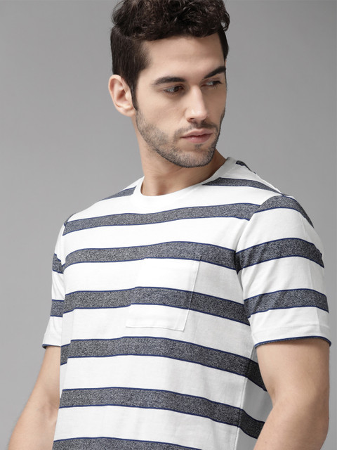 

Roadster Men White & Charcoal Grey Striped Pure Cotton Round Neck T-shirt