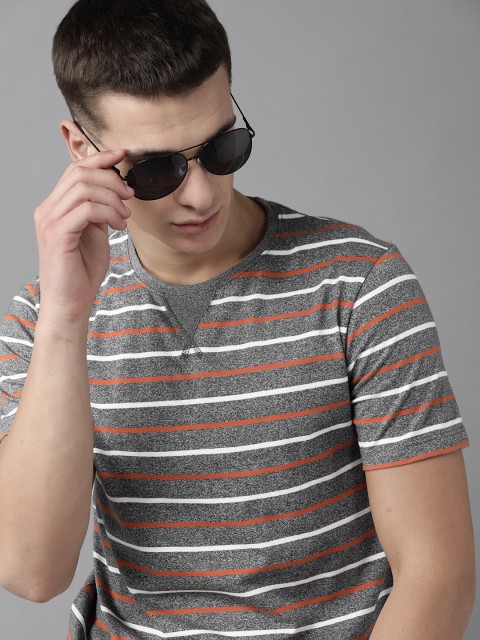 

Roadster Men Grey Melange Striped Round Neck T-shirt