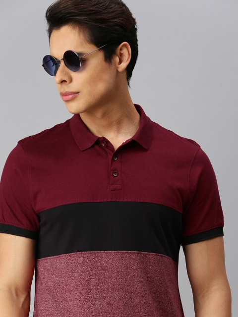 

The Roadster Lifestyle Co Men Maroon & Black Colourblocked Polo Collar T-shirt