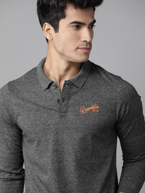 

Roadster Men Charcoal Grey Self Design Polo Collar T-shirt