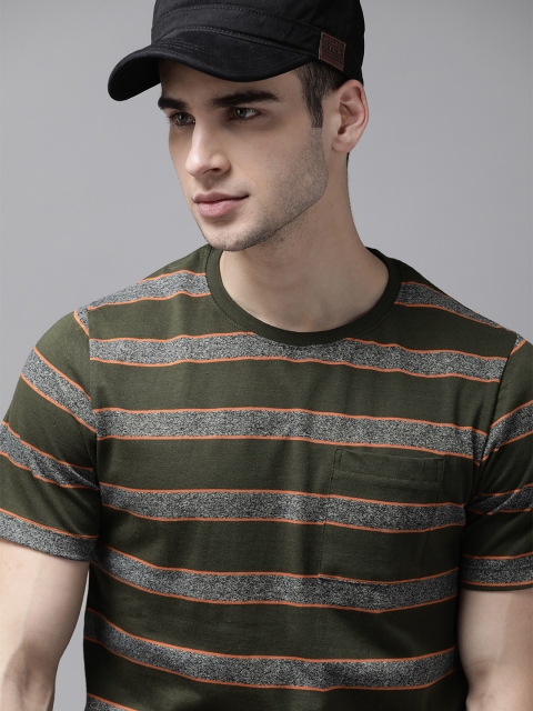 

Roadster Men Olive Green & Orange Striped Round Neck T-shirt