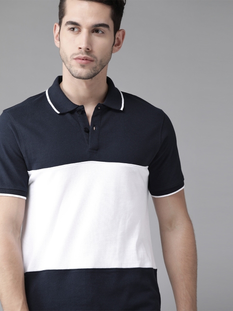 

Roadster Men Navy Blue & White Pure Cotton Colourblocked Polo Collar T-shirt