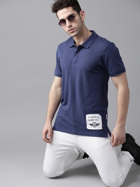 

Roadster Men Navy Blue Pure Cotton Solid Polo Collar T-shirt