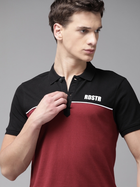 

Roadster Men Maroon Black Pure Cotton Colourblocked Polo Collar Pure Cotton T-shirt