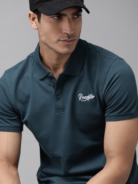

Roadster Men Teal Blue Solid Cotton Polo Collar T-shirt