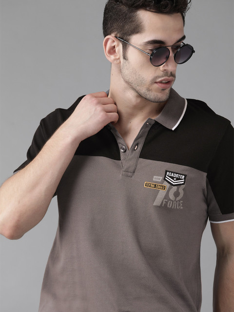 

Roadster Men Grey Black Pure Cotton Colourblocked Polo Collar Pure Cotton T-shirt