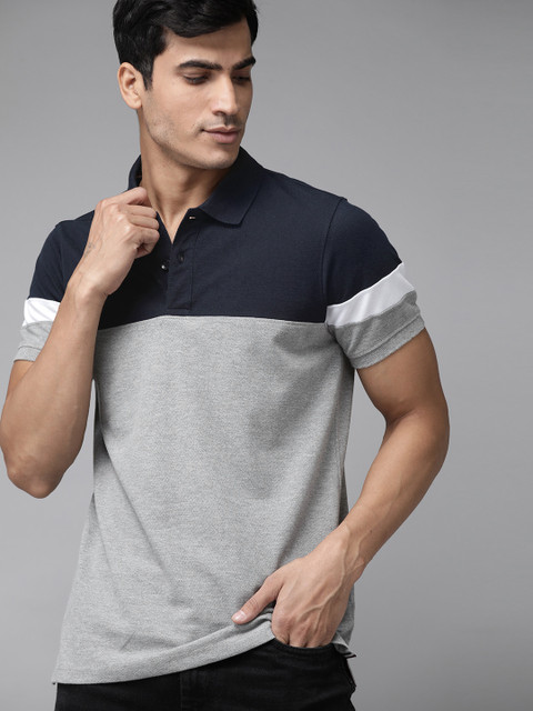 

Roadster Men Navy Blue & Grey Melange Colourblocked Cotton Polo Collar T-shirt