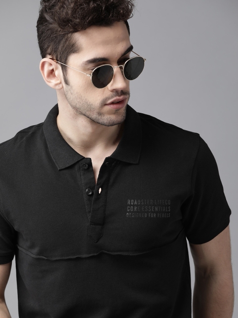 

Roadster Men Black Pure Cotton Solid Polo Collar T-shirt