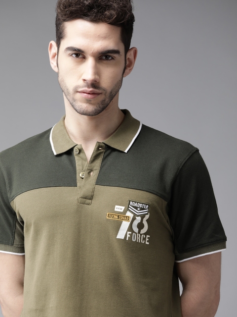 

Roadster Men Olive Green Pure Cotton Colourblocked Polo Collar T-shirt