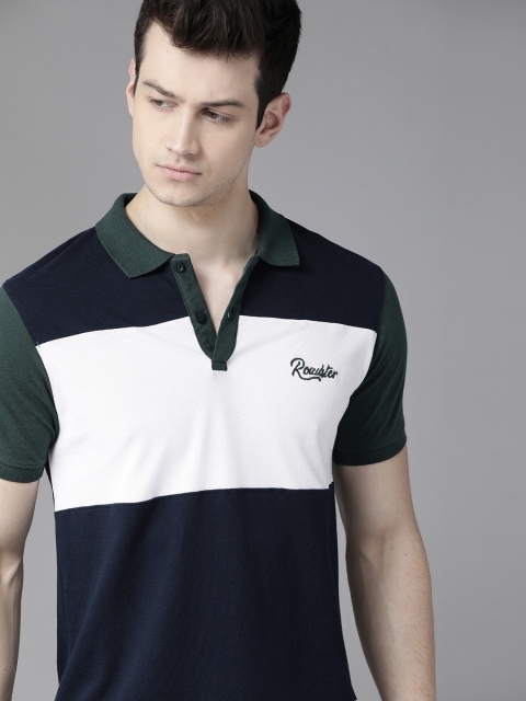 

Roadster Men Navy Blue & White Colourblocked Pure Cotton Polo Collar T-shirt