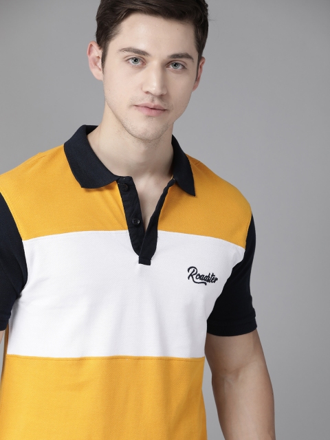 

Roadster Men Yellow & White Colourblocked Pure Cotton Polo Collar T-shirt
