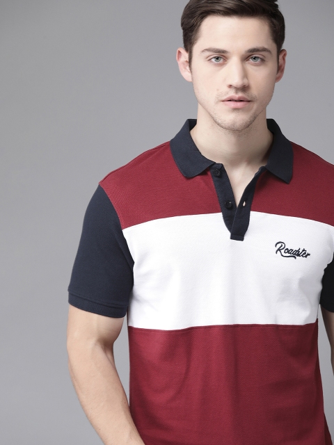 

Roadster Men Maroon & White Colourblocked Pure Cotton Polo Collar T-shirt