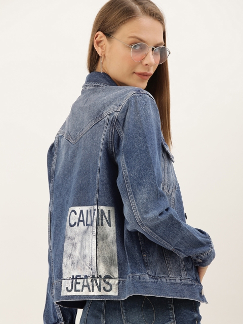 

Calvin Klein Jeans Women Blue Solid Denim Trucker Jacket with Back Printed Detail