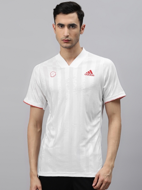 

ADIDAS Men White Striped Freelift Engineered Tennis T-shirt