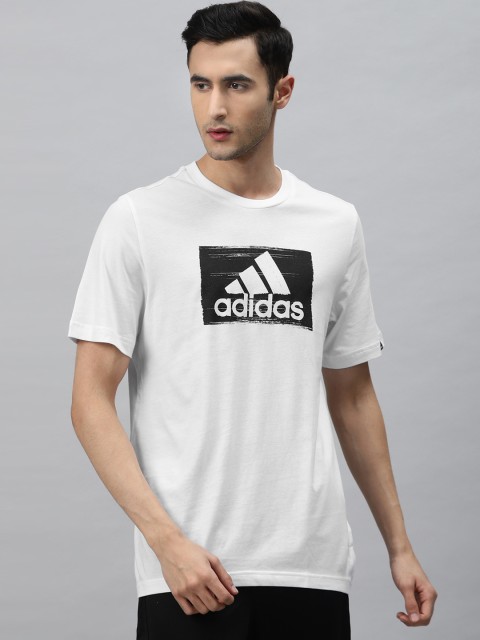 

ADIDAS Men White Black Brand Logo Brushstroke Print Pure Cotton T-shirt