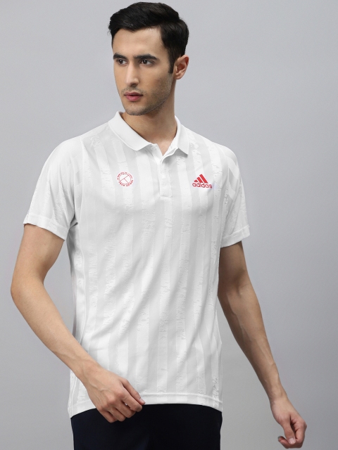 

ADIDAS Men White Striped Freelift Tennis Polo T-shirt