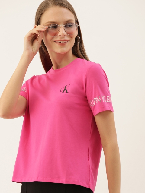 

Calvin Klein Jeans Women Pink Solid Round Neck T-shirt with Printed Detail