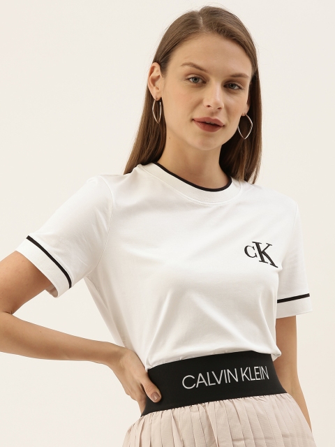 

Calvin Klein Jeans Women White Solid Round Neck T-shirt with Embroidered Detail