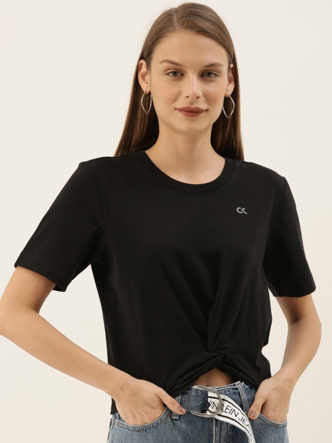 

Calvin Klein Jeans Women Black Solid Round Neck Crop T-shirt with Twisted Detail