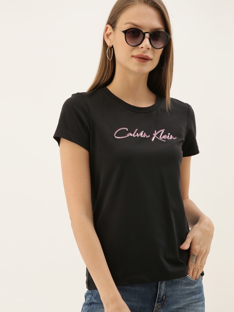 

Calvin Klein Jeans Women Black Slim Fit Solid Round Neck T-shirt with Printed Detail