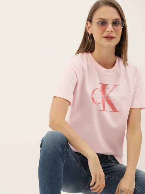 

Calvin Klein Jeans Women Pink Printed Round Neck Pure Cotton T-shirt