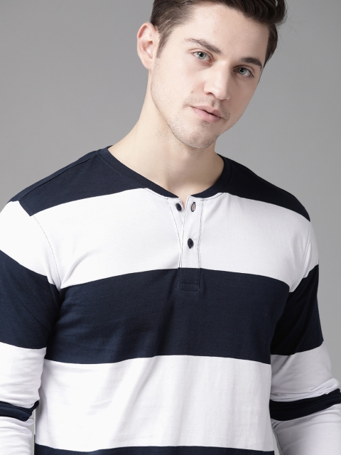 

Roadster Men White & Navy Blue Striped Pure Cotton Henley Neck T-shirt