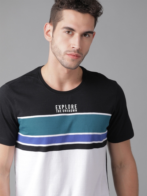 

Roadster Men White & Black Pure Cotton Striped Round Neck T-shirt