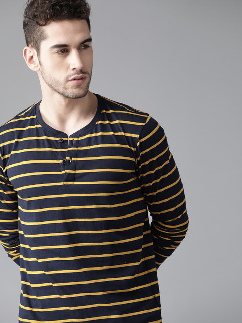 

Roadster Men Navy Blue & Yellow Striped Pure Cotton Henley Neck T-shirt