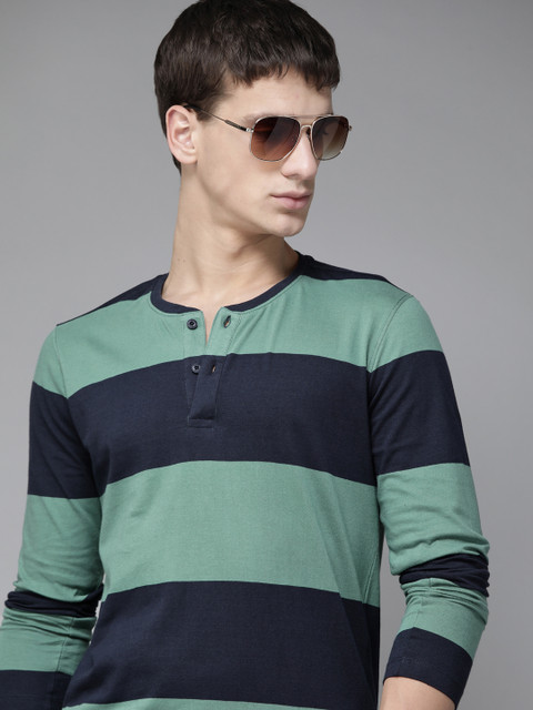 

Roadster Men Green & Navy Blue Striped Pure Cotton Henley Neck T-shirt