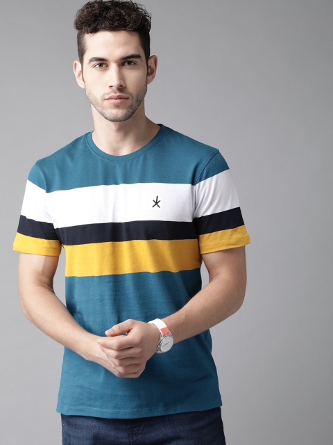 

Roadster Men Teal Blue & White Striped Pure Cotton Round Neck T-shirt