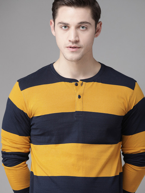 

Roadster Men Navy Blue & Mustard Yellow Striped Pure Cotton Henley Neck T-shirt