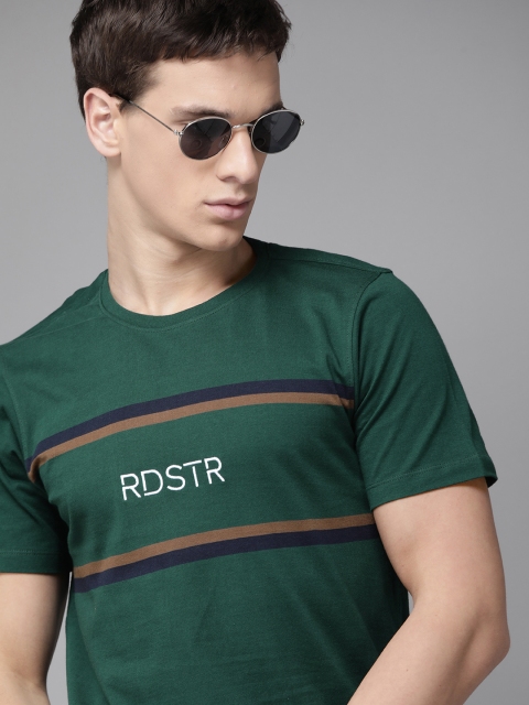 

Roadster Men Green Brand Logo Embroidered Pure Cotton Round Neck T-shirt