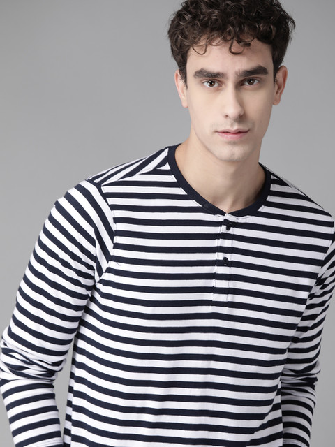 

Roadster Men White & Navy Blue Pure Cotton Striped Henley Neck T-shirt