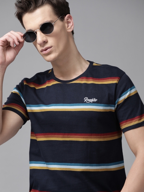 

Roadster Men Navy Blue & Orange Striped Pure Cotton Round Neck T-shirt