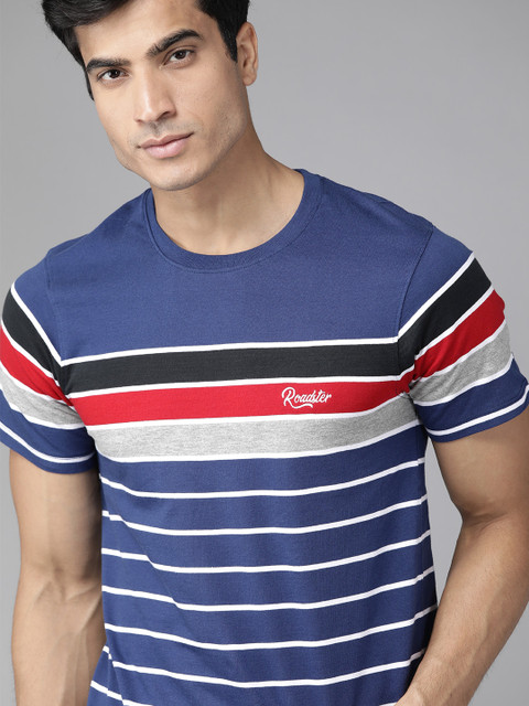 

Roadster Men Blue & White Pure Cotton Striped Round Neck T-shirt