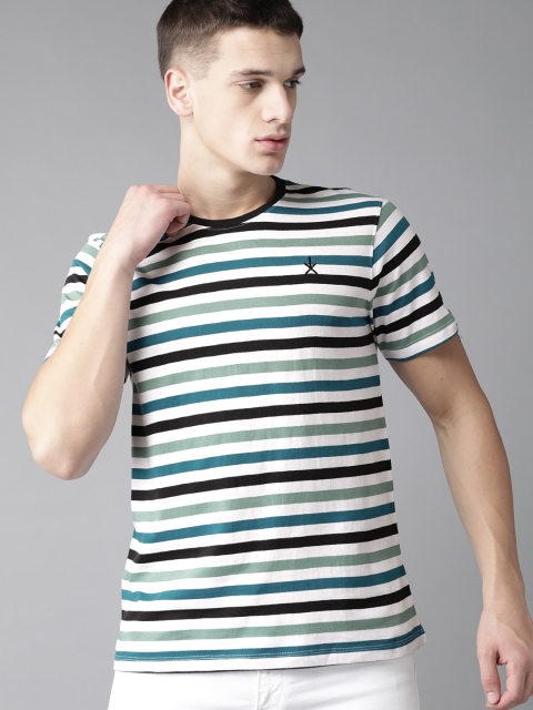 

Roadster Men White Teal Blue Striped Round Neck Pure Cotton T-shirt