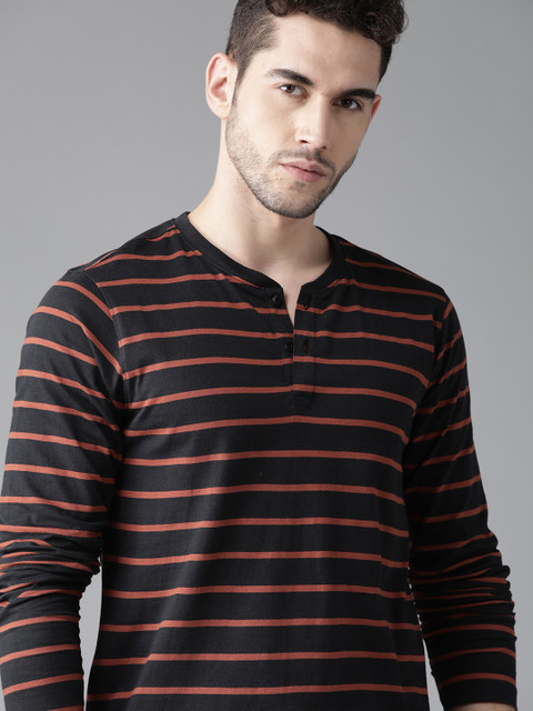 

Roadster Men Black & Orange Striped Pure Cotton Henley Neck T-shirt