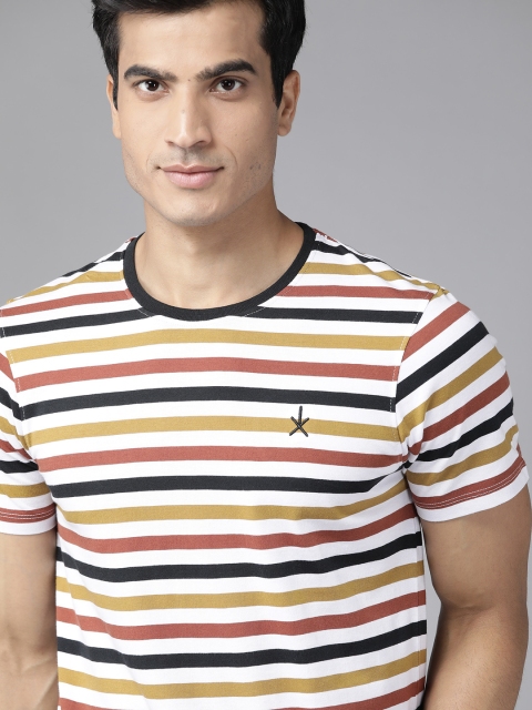 

Roadster Men White & Brown Pure Cotton Striped Round Neck T-shirt