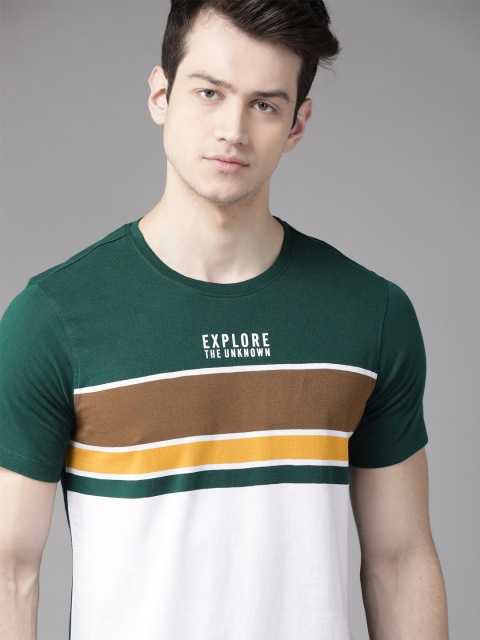 

Roadster Men White & Green Pure Cotton Striped Round Neck T-shirt